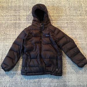 Patagonia kids black down hooded puffer jacket.